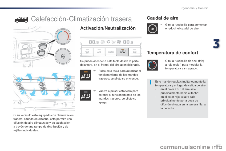 Peugeot Expert VU 2016 Manual del propietario (in Spanish) 137
Expert_es_Chap03_ergonomie-et-confort_ed01-2016
Calefacción-Climatización trasera
Activación/Neutralización
F Pulse esta tecla para autorizar el funcionamiento de los mandos
traseros; su pilo Peugeot Expert VU 2016 Manual del propietario (in Spanish) 137
Expert_es_Chap03_ergonomie-et-confort_ed01-2016
Calefacción-Climatización trasera
Activación/Neutralización
F Pulse esta tecla para autorizar el funcionamiento de los mandos
traseros; su pilo