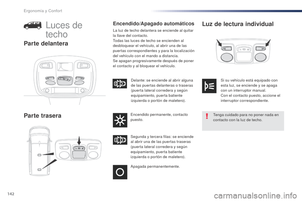 Peugeot Expert VU 2016 Manual del propietario (in Spanish) 142
Expert_es_Chap03_ergonomie-et-confort_ed01-2016
Luz de lectura individual
Parte traseraLuces de
techoEncendido/Apagado automáticos
La luz de techo delantera se enciende al quitar
la llave del c Peugeot Expert VU 2016 Manual del propietario (in Spanish) 142
Expert_es_Chap03_ergonomie-et-confort_ed01-2016
Luz de lectura individual
Parte traseraLuces de
techoEncendido/Apagado automáticos
La luz de techo delantera se enciende al quitar
la llave del c