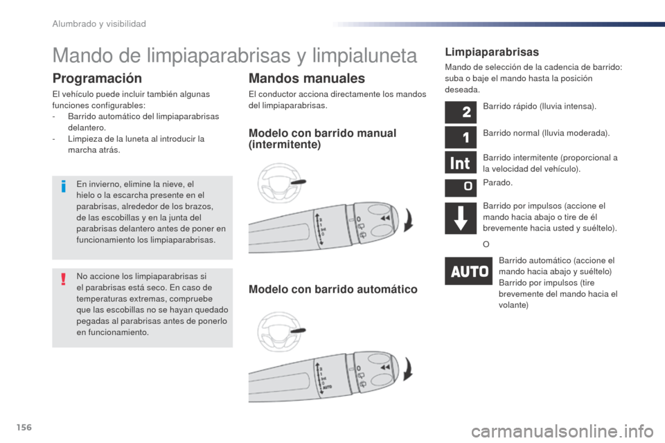 Peugeot Expert VU 2016 Manual del propietario (in Spanish) 156
Expert_es_Chap04_eclairage-et-visibilite_ed01-2016
Mando de limpiaparabrisas y limpialuneta
Mandos manuales
El conductor acciona directamente los mandos
del limpiaparabrisas.
Programación
El veh Peugeot Expert VU 2016 Manual del propietario (in Spanish) 156
Expert_es_Chap04_eclairage-et-visibilite_ed01-2016
Mando de limpiaparabrisas y limpialuneta
Mandos manuales
El conductor acciona directamente los mandos
del limpiaparabrisas.
Programación
El veh