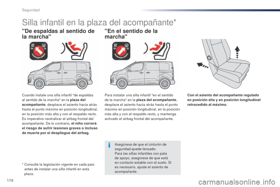 Peugeot Expert VU 2016 Manual del propietario (in Spanish) 176
Expert_es_Chap05_securite_ed01-2016
Con el asiento del acompañante regulado
en posición alta y en posición longitudinal
retrocedido al máximo.
"De espaldas al sentido de
la marcha"
Silla in Peugeot Expert VU 2016 Manual del propietario (in Spanish) 176
Expert_es_Chap05_securite_ed01-2016
Con el asiento del acompañante regulado
en posición alta y en posición longitudinal
retrocedido al máximo.
"De espaldas al sentido de
la marcha"
Silla in