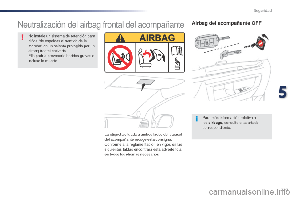 Peugeot Expert VU 2016 Manual del propietario (in Spanish) 177
Expert_es_Chap05_securite_ed01-2016
Airbag del acompañante OFF
Para más información relativa a
los airbags, consulte el apartado
correspondiente.
Neutralización del airbag frontal del acompa Peugeot Expert VU 2016 Manual del propietario (in Spanish) 177
Expert_es_Chap05_securite_ed01-2016
Airbag del acompañante OFF
Para más información relativa a
los airbags, consulte el apartado
correspondiente.
Neutralización del airbag frontal del acompa