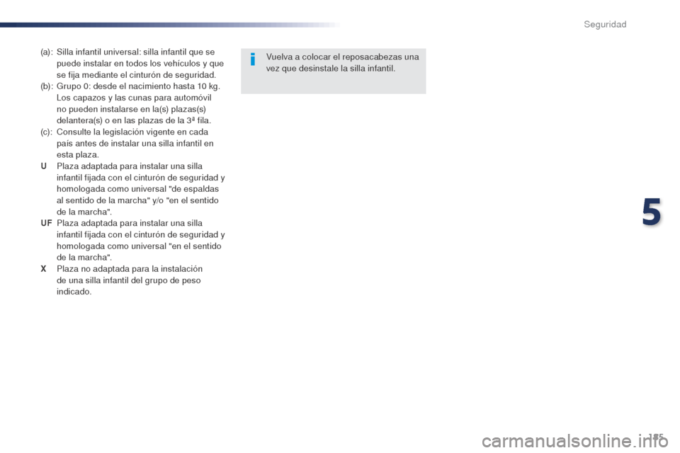 Peugeot Expert VU 2016 Manual del propietario (in Spanish) 185
Expert_es_Chap05_securite_ed01-2016
(a): Silla infantil universal: silla infantil que se puede instalar en todos los vehículos y que
se fija mediante el cinturón de seguridad.
(b):
G
rupo 0: Peugeot Expert VU 2016 Manual del propietario (in Spanish) 185
Expert_es_Chap05_securite_ed01-2016
(a): Silla infantil universal: silla infantil que se puede instalar en todos los vehículos y que
se fija mediante el cinturón de seguridad.
(b):
G
rupo 0: