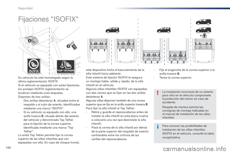 Peugeot Expert VU 2016 Manual del propietario (in Spanish) 186
Expert_es_Chap05_securite_ed01-2016
Fijaciones "ISOFIX"
La instalación incorrecta de un asiento
para niño en el vehículo compromete
la protección del menor en caso de
accidente.
Para conoce Peugeot Expert VU 2016 Manual del propietario (in Spanish) 186
Expert_es_Chap05_securite_ed01-2016
Fijaciones "ISOFIX"
La instalación incorrecta de un asiento
para niño en el vehículo compromete
la protección del menor en caso de
accidente.
Para conoce