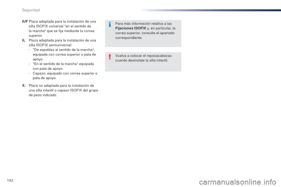 Peugeot Expert VU 2016 Manual del propietario (in Spanish) 192
Expert_es_Chap05_securite_ed01-2016
IUF Plaza adaptada para la instalación de una silla ISOFIX universal "en el sentido de
la marcha" que se fija mediante la correa
superior.
IL
P
laza adapta Peugeot Expert VU 2016 Manual del propietario (in Spanish) 192
Expert_es_Chap05_securite_ed01-2016
IUF Plaza adaptada para la instalación de una silla ISOFIX universal "en el sentido de
la marcha" que se fija mediante la correa
superior.
IL
P
laza adapta