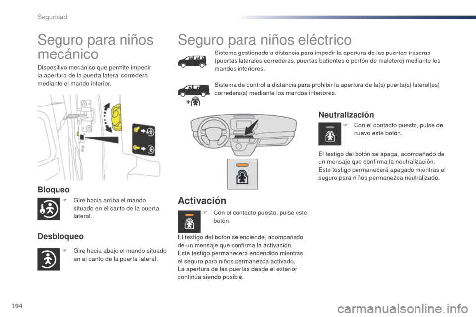 Peugeot Expert VU 2016 Manual del propietario (in Spanish) 194
Expert_es_Chap05_securite_ed01-2016
Seguro para niños
mecánico
Bloqueo
Desbloqueo
Dispositivo mecánico que permite impedir
la apertura de la puerta lateral corredera
mediante el mando interi Peugeot Expert VU 2016 Manual del propietario (in Spanish) 194
Expert_es_Chap05_securite_ed01-2016
Seguro para niños
mecánico
Bloqueo
Desbloqueo
Dispositivo mecánico que permite impedir
la apertura de la puerta lateral corredera
mediante el mando interi