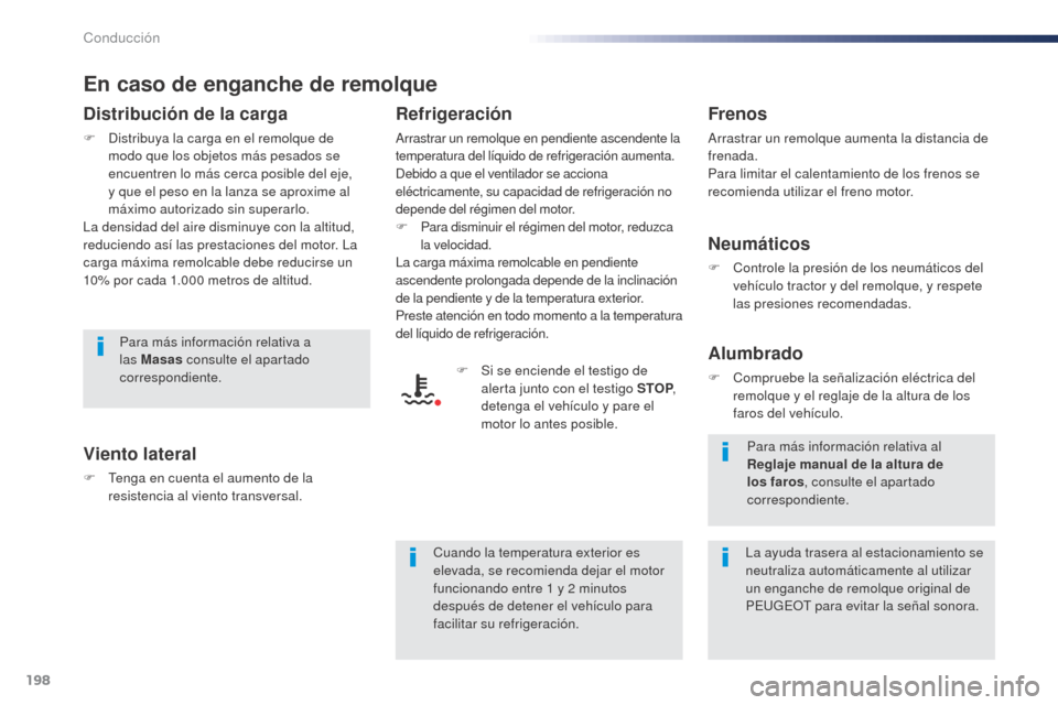Peugeot Expert VU 2016 Manual del propietario (in Spanish) 198
En caso de enganche de remolque
Distribución de la carga
F Distribuya la carga en el remolque de modo que los objetos más pesados se
encuentren lo más cerca posible del eje,
y que el peso en Peugeot Expert VU 2016 Manual del propietario (in Spanish) 198
En caso de enganche de remolque
Distribución de la carga
F Distribuya la carga en el remolque de modo que los objetos más pesados se
encuentren lo más cerca posible del eje,
y que el peso en