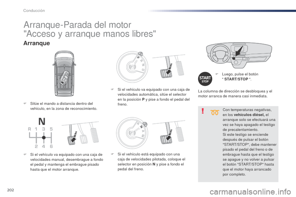 Peugeot Expert VU 2016  Manual del propietario (in Spanish) 202
Con temperaturas negativas, 
en los vehículos diésel, el 
arranque solo se efectuará una 
vez se haya apagado el testigo 
de precalentamiento.
Si este testigo se enciende 
después de pulsar el