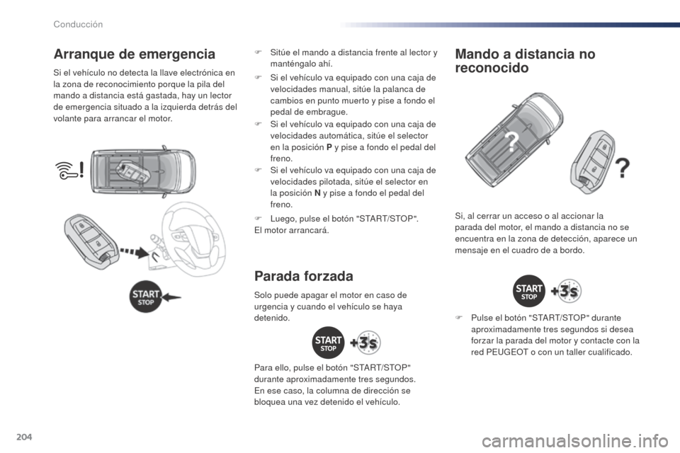 Peugeot Expert VU 2016  Manual del propietario (in Spanish) 204
Arranque de emergencia
Si el vehículo no detecta la llave electrónica en 
la zona de reconocimiento porque la pila del 
mando a distancia está gastada, hay un lector 
de emergencia situado a la