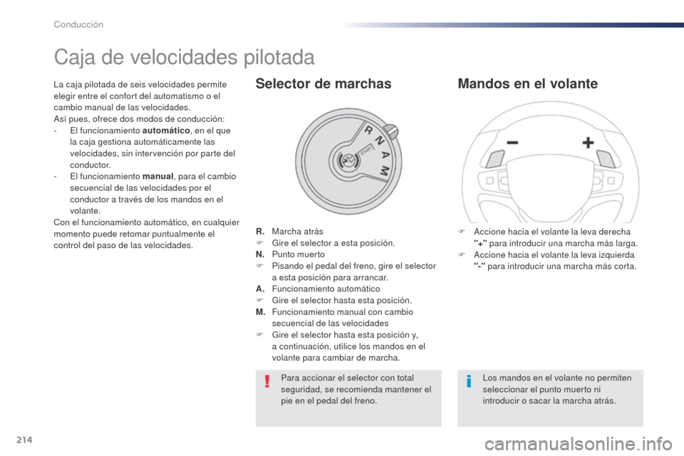 Peugeot Expert VU 2016 Manual del propietario (in Spanish) 214
Caja de velocidades pilotada
R. Marcha atrás
F
G ire el selector a esta posición.
N.
Pu
nto muerto
F
P
isando el pedal del freno, gire el selector
a esta posición para arrancar.
A. Peugeot Expert VU 2016 Manual del propietario (in Spanish) 214
Caja de velocidades pilotada
R. Marcha atrás
F
G ire el selector a esta posición.
N.
Pu
nto muerto
F
P
isando el pedal del freno, gire el selector
a esta posición para arrancar.
A.