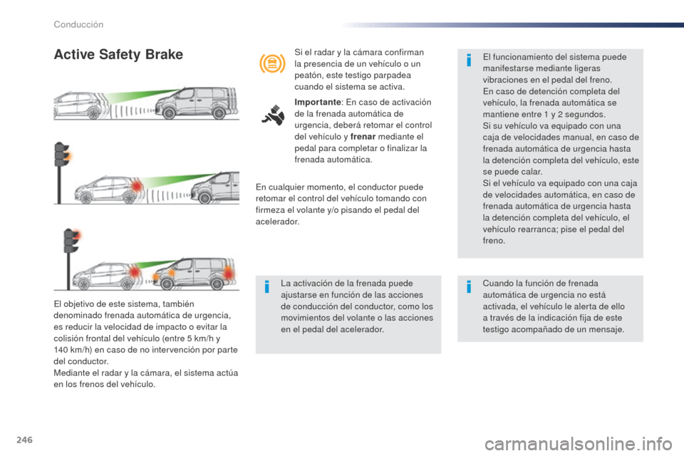 Peugeot Expert VU 2016 Manual del propietario (in Spanish) 246
El objetivo de este sistema, también
denominado frenada automática de urgencia,
es reducir la velocidad de impacto o evitar la
colisión frontal del vehículo (entre 5 km/h y
140
km/h) en Peugeot Expert VU 2016 Manual del propietario (in Spanish) 246
El objetivo de este sistema, también
denominado frenada automática de urgencia,
es reducir la velocidad de impacto o evitar la
colisión frontal del vehículo (entre 5 km/h y
140
km/h) en