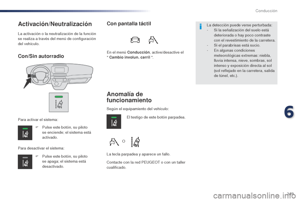 Peugeot Expert VU 2016 Manual del propietario (in Spanish) 249
Con/Sin autorradio
Activación/Neutralización
F Pulse este botón, su piloto se enciende; el sistema está
activado.
F
P
ulse este botón, su piloto
se apaga; el sistema está
desactivado.
Peugeot Expert VU 2016 Manual del propietario (in Spanish) 249
Con/Sin autorradio
Activación/Neutralización
F Pulse este botón, su piloto se enciende; el sistema está
activado.
F
P
ulse este botón, su piloto
se apaga; el sistema está
desactivado.
