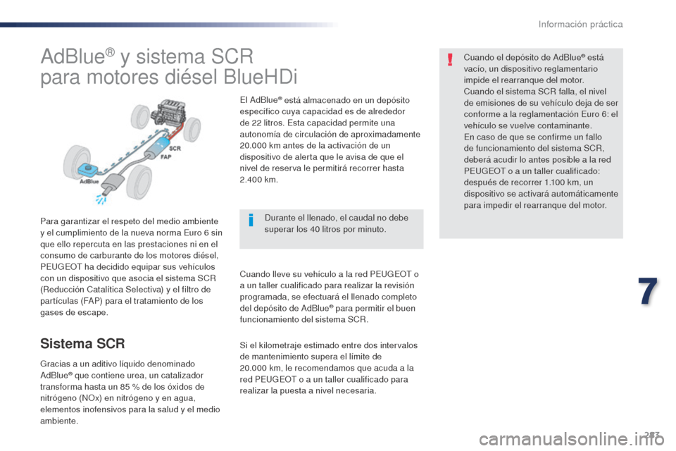 Peugeot Expert VU 2016 Manual del propietario (in Spanish) 283
Expert_es_Chap07_info-pratiques_ed01-2016
AdBlue® y sistema SCR
para motores diésel BlueHDi
Para garantizar el respeto del medio ambiente
y el cumplimiento de la nueva norma Euro 6
sin
que e Peugeot Expert VU 2016 Manual del propietario (in Spanish) 283
Expert_es_Chap07_info-pratiques_ed01-2016
AdBlue® y sistema SCR
para motores diésel BlueHDi
Para garantizar el respeto del medio ambiente
y el cumplimiento de la nueva norma Euro 6
sin
que e