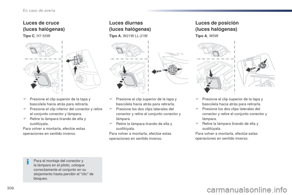 Peugeot Expert VU 2016 Manual del propietario (in Spanish) 306
Expert_es_Chap08_En-cas-de-panne_ed01-2016
Para el montaje del conector y
la lámpara en el piloto, coloque
correctamente el conjunto en su
alojamiento hasta percibir el "clic" de
bloqueo.
Luc Peugeot Expert VU 2016 Manual del propietario (in Spanish) 306
Expert_es_Chap08_En-cas-de-panne_ed01-2016
Para el montaje del conector y
la lámpara en el piloto, coloque
correctamente el conjunto en su
alojamiento hasta percibir el "clic" de
bloqueo.
Luc