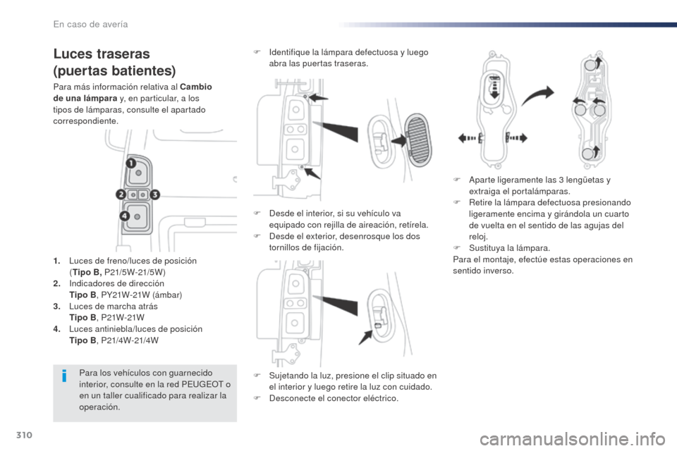 Peugeot Expert VU 2016 Manual del propietario (in Spanish) 310
Expert_es_Chap08_En-cas-de-panne_ed01-2016
Luces traseras
(puertas batientes)
Para más información relativa al Cambio
de una lámpara y, en particular, a los
tipos de lámparas, consulte el ap Peugeot Expert VU 2016 Manual del propietario (in Spanish) 310
Expert_es_Chap08_En-cas-de-panne_ed01-2016
Luces traseras
(puertas batientes)
Para más información relativa al Cambio
de una lámpara y, en particular, a los
tipos de lámparas, consulte el ap
