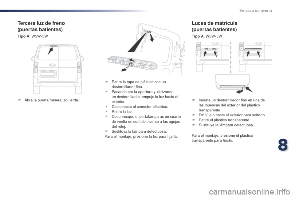 Peugeot Expert VU 2016 Manual del propietario (in Spanish) 311
Expert_es_Chap08_En-cas-de-panne_ed01-2016
Luces de matrícula
(puertas batientes)
Tipo A, W5W-5W
F
R
etire la tapa de plástico con un
destornillador fino.
F
P
asando por la apertura y, ut Peugeot Expert VU 2016 Manual del propietario (in Spanish) 311
Expert_es_Chap08_En-cas-de-panne_ed01-2016
Luces de matrícula
(puertas batientes)
Tipo A, W5W-5W
F
R
etire la tapa de plástico con un
destornillador fino.
F
P
asando por la apertura y, ut
