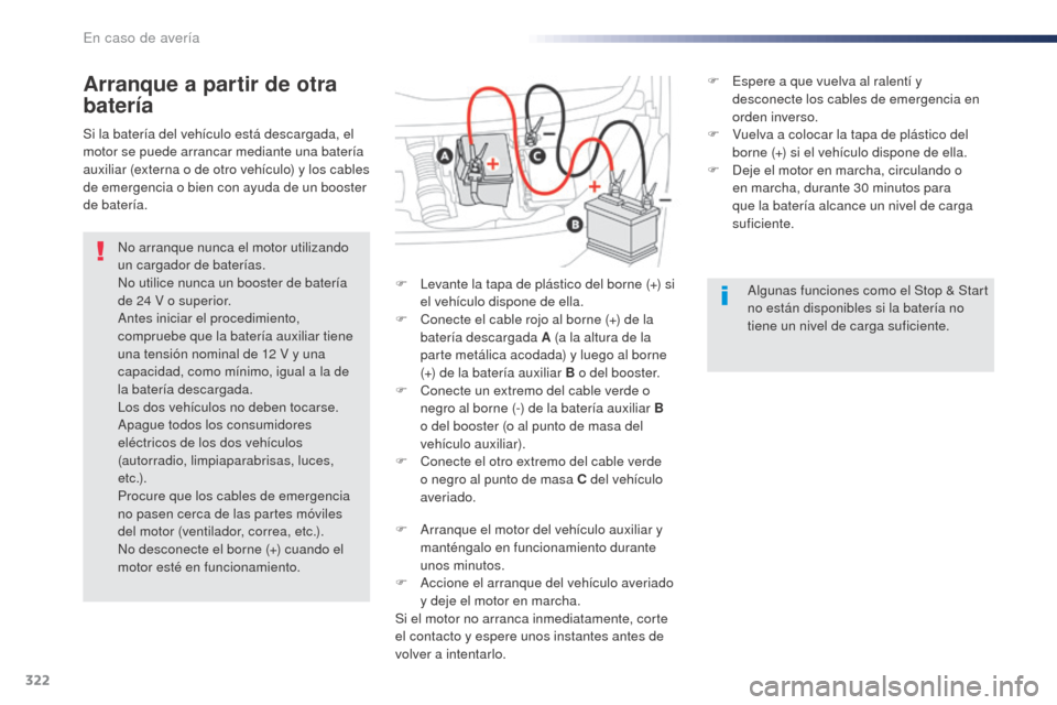Peugeot Expert VU 2016  Manual del propietario (in Spanish) 322
Expert_es_Chap08_En-cas-de-panne_ed01-2016
Arranque a partir de otra 
batería
No arranque nunca el motor utilizando 
un cargador de baterías.
No utilice nunca un booster de batería 
de 24  V o  Peugeot Expert VU 2016  Manual del propietario (in Spanish) 322
Expert_es_Chap08_En-cas-de-panne_ed01-2016
Arranque a partir de otra 
batería
No arranque nunca el motor utilizando 
un cargador de baterías.
No utilice nunca un booster de batería 
de 24  V o
