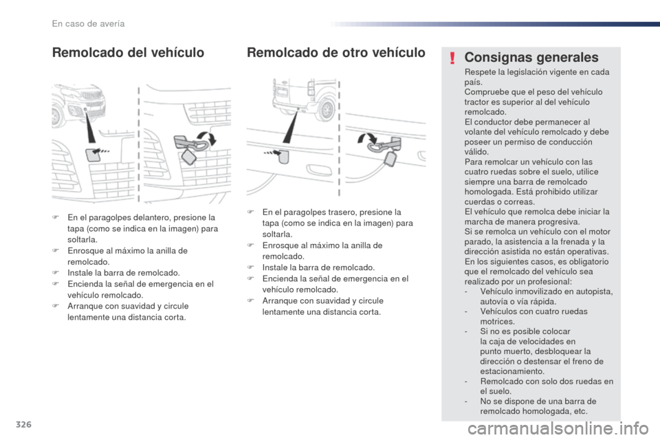Peugeot Expert VU 2016  Manual del propietario (in Spanish) 326
Expert_es_Chap08_En-cas-de-panne_ed01-2016
F En el paragolpes delantero, presione la tapa (como se indica en la imagen) para 
soltarla.
F
 
E
 nrosque al máximo la anilla de 
remolcado.
F
 
I
 ns Peugeot Expert VU 2016  Manual del propietario (in Spanish) 326
Expert_es_Chap08_En-cas-de-panne_ed01-2016
F En el paragolpes delantero, presione la tapa (como se indica en la imagen) para 
soltarla.
F
 
E
 nrosque al máximo la anilla de 
remolcado.
F
 
I
 ns