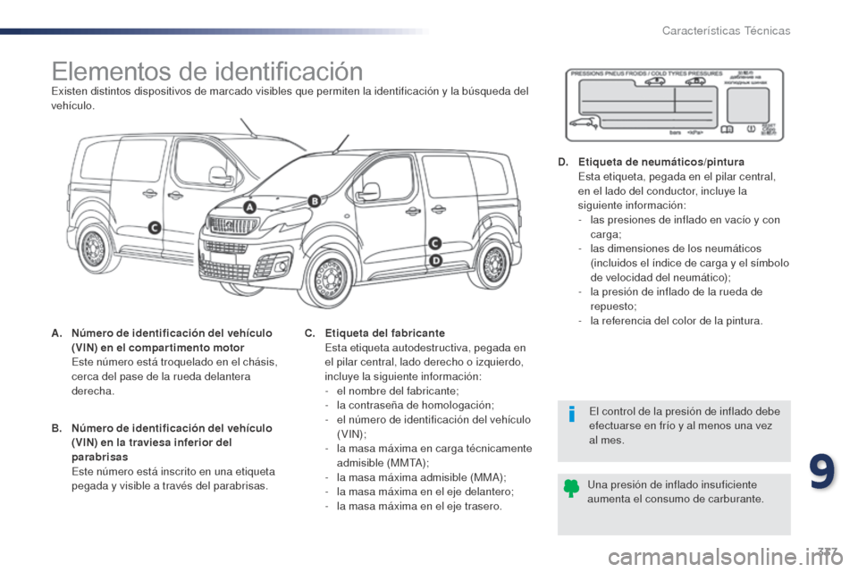 Peugeot Expert VU 2016 Manual del propietario (in Spanish) 337
Expert_es_Chap09_caracteristiques-techniques_ed01-2016
Elementos de identificaciónExisten distintos dispositivos de marcado visibles que permiten la identificación y la búsqueda del
vehículo. Peugeot Expert VU 2016 Manual del propietario (in Spanish) 337
Expert_es_Chap09_caracteristiques-techniques_ed01-2016
Elementos de identificaciónExisten distintos dispositivos de marcado visibles que permiten la identificación y la búsqueda del
vehículo.