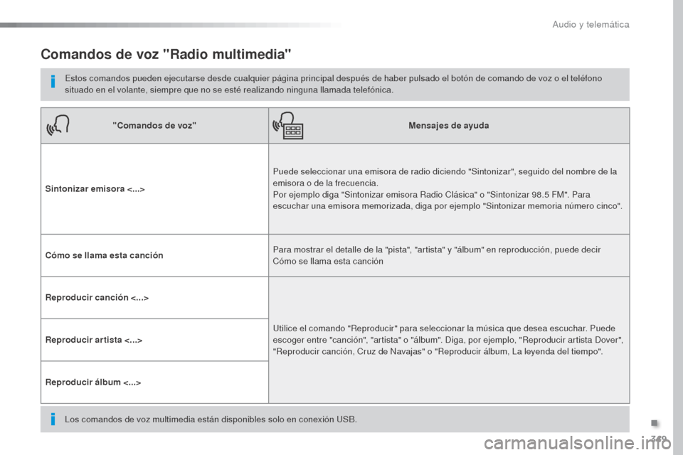 Peugeot Expert VU 2016 Manual del propietario (in Spanish) 349
Expert_es_Chap10b_NAC-1_ed01-2016
Comandos de voz "Radio multimedia"
Estos comandos pueden ejecutarse desde cualquier página principal después de haber pulsado el botón de comando de voz o el t Peugeot Expert VU 2016 Manual del propietario (in Spanish) 349
Expert_es_Chap10b_NAC-1_ed01-2016
Comandos de voz "Radio multimedia"
Estos comandos pueden ejecutarse desde cualquier página principal después de haber pulsado el botón de comando de voz o el t