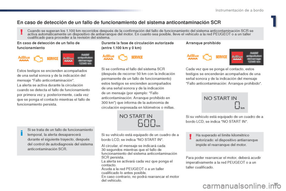Peugeot Expert VU 2016  Manual del propietario (in Spanish) 37
Expert_es_Chap01_instruments-de-bord_ed01-2016
Arranque prohibido
Cada vez que se ponga el contacto, estos 
testigos se encenderán acompañados de una 
señal sonora y de la indicación del mensaj