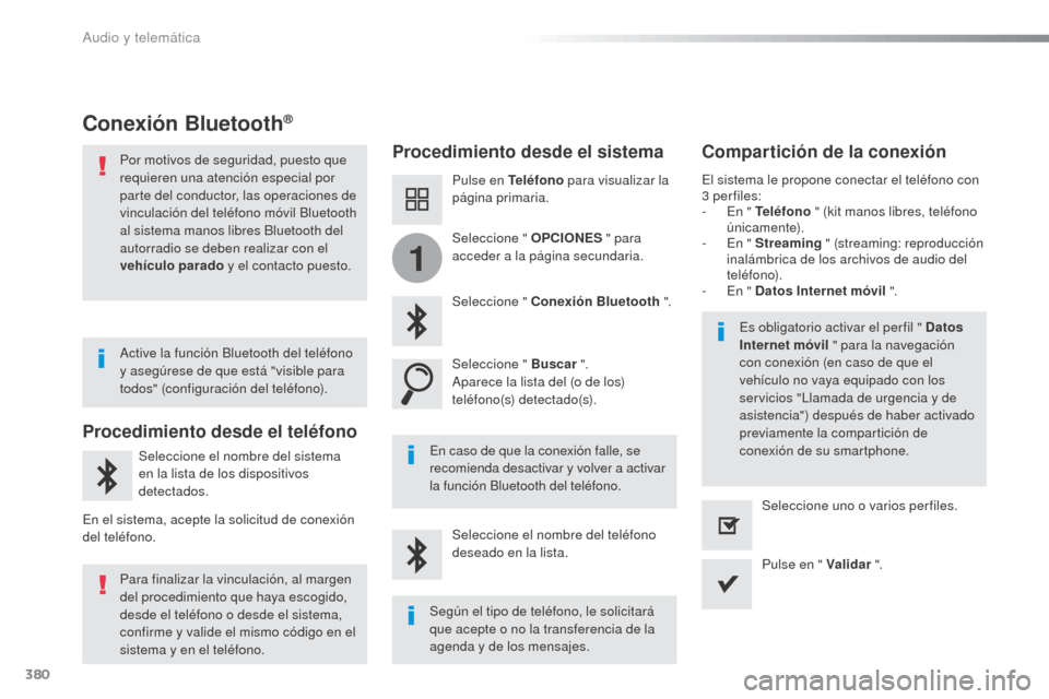 Peugeot Expert VU 2016 Manual del propietario (in Spanish) 380
1
Expert_es_Chap10b_NAC-1_ed01-2016
Conexión Bluetooth®
Procedimiento desde el sistemaCompartición de la conexión
Pulse en Teléfono para visualizar la
página primaria.
Seleccione " Conexió Peugeot Expert VU 2016 Manual del propietario (in Spanish) 380
1
Expert_es_Chap10b_NAC-1_ed01-2016
Conexión Bluetooth®
Procedimiento desde el sistemaCompartición de la conexión
Pulse en Teléfono para visualizar la
página primaria.
Seleccione " Conexió