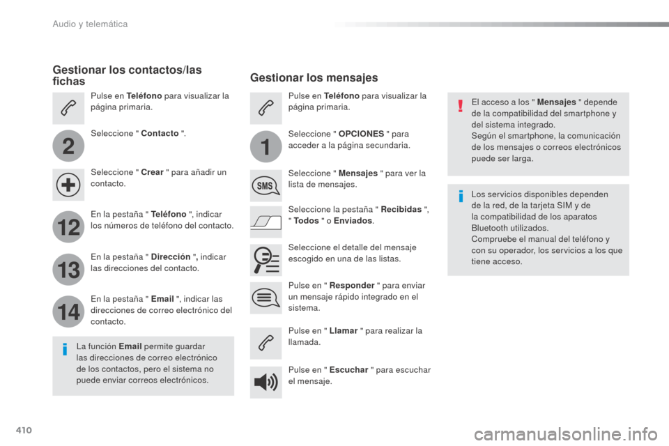 Peugeot Expert VU 2016 Manual del propietario (in Spanish) 410
2
12
13
14
1
Expert_es_Chap10b_NAC-1_ed01-2016
El acceso a los " Mensajes " depende
de la compatibilidad del smartphone y
del sistema integrado.
Según el smartphone, la comunicación
de los me Peugeot Expert VU 2016 Manual del propietario (in Spanish) 410
2
12
13
14
1
Expert_es_Chap10b_NAC-1_ed01-2016
El acceso a los " Mensajes " depende
de la compatibilidad del smartphone y
del sistema integrado.
Según el smartphone, la comunicación
de los me
