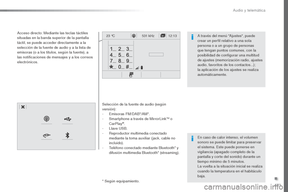 Peugeot Expert VU 2016 Manual del propietario (in Spanish) 431
12:13
23 °C531 kHz
Expert_es_Chap10c_RCC-1_ed01-2016
Selección de la fuente de audio (según
versión):
-
E
misoras FM/DAB*/AM*.
-
S
martphone a través de MirrorLink
TM o
CarPlay®.
- L Peugeot Expert VU 2016 Manual del propietario (in Spanish) 431
12:13
23 °C531 kHz
Expert_es_Chap10c_RCC-1_ed01-2016
Selección de la fuente de audio (según
versión):
-
E
misoras FM/DAB*/AM*.
-
S
martphone a través de MirrorLink
TM o
CarPlay®.
- L