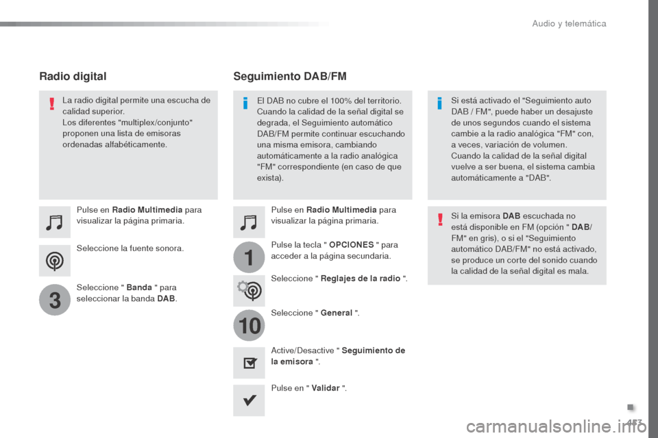 Peugeot Expert VU 2016 Manual del propietario (in Spanish) 453
1
10
3
Expert_es_Chap10c_RCC-1_ed01-2016
Seleccione la fuente sonora. Pulse en Radio Multimedia para
visualizar la página primaria.
Seleccione " Banda " para
seleccionar la banda DAB .Pulse en Peugeot Expert VU 2016 Manual del propietario (in Spanish) 453
1
10
3
Expert_es_Chap10c_RCC-1_ed01-2016
Seleccione la fuente sonora. Pulse en Radio Multimedia para
visualizar la página primaria.
Seleccione " Banda " para
seleccionar la banda DAB .Pulse en