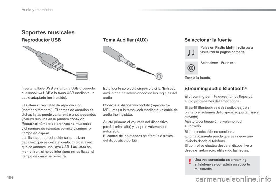 Peugeot Expert VU 2016 Manual del propietario (in Spanish) 454
Expert_es_Chap10c_RCC-1_ed01-2016
Soportes musicales
Reproductor USBSeleccionar la fuente
Seleccione " Fuente ".
Pulse en Radio Multimedia
para
visualizar la página primaria.
El sistema crea li Peugeot Expert VU 2016 Manual del propietario (in Spanish) 454
Expert_es_Chap10c_RCC-1_ed01-2016
Soportes musicales
Reproductor USBSeleccionar la fuente
Seleccione " Fuente ".
Pulse en Radio Multimedia
para
visualizar la página primaria.
El sistema crea li