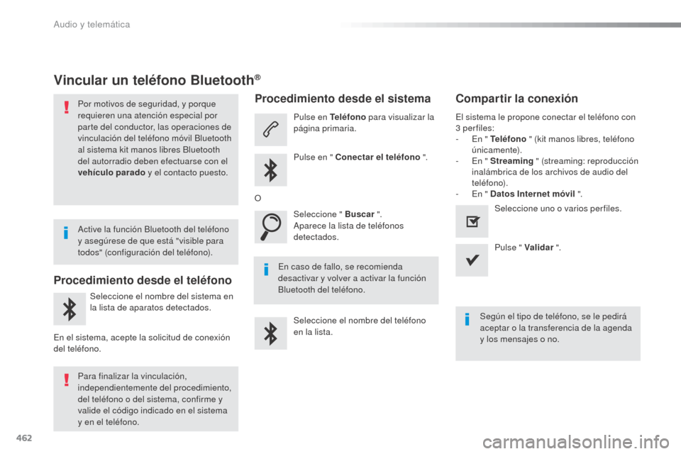 Peugeot Expert VU 2016 Manual del propietario (in Spanish) 462
Expert_es_Chap10c_RCC-1_ed01-2016
Vincular un teléfono Bluetooth®
Por motivos de seguridad, y porque
requieren una atención especial por
parte del conductor, las operaciones de
vinculación Peugeot Expert VU 2016 Manual del propietario (in Spanish) 462
Expert_es_Chap10c_RCC-1_ed01-2016
Vincular un teléfono Bluetooth®
Por motivos de seguridad, y porque
requieren una atención especial por
parte del conductor, las operaciones de
vinculación