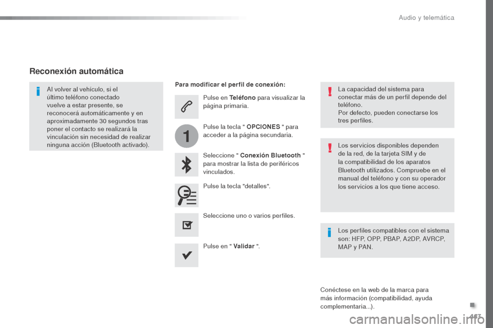 Peugeot Expert VU 2016 Manual del propietario (in Spanish) 463
1
Expert_es_Chap10c_RCC-1_ed01-2016
Pulse en Teléfono para visualizar la
página primaria.
Seleccione " Conexión Bluetooth "
para mostrar la lista de periféricos
vinculados.
Al volver al v Peugeot Expert VU 2016 Manual del propietario (in Spanish) 463
1
Expert_es_Chap10c_RCC-1_ed01-2016
Pulse en Teléfono para visualizar la
página primaria.
Seleccione " Conexión Bluetooth "
para mostrar la lista de periféricos
vinculados.
Al volver al v