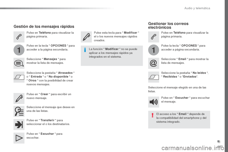 Peugeot Expert VU 2016 Manual del propietario (in Spanish) 467
11
Expert_es_Chap10c_RCC-1_ed01-2016
Gestionar los correos
electrónicos
Pulse esta tecla para " Modificar "
el o los nuevos mensajes rápidos
creados. Pulse en Teléfono
para visualizar la
Peugeot Expert VU 2016 Manual del propietario (in Spanish) 467
11
Expert_es_Chap10c_RCC-1_ed01-2016
Gestionar los correos
electrónicos
Pulse esta tecla para " Modificar "
el o los nuevos mensajes rápidos
creados. Pulse en Teléfono
para visualizar la