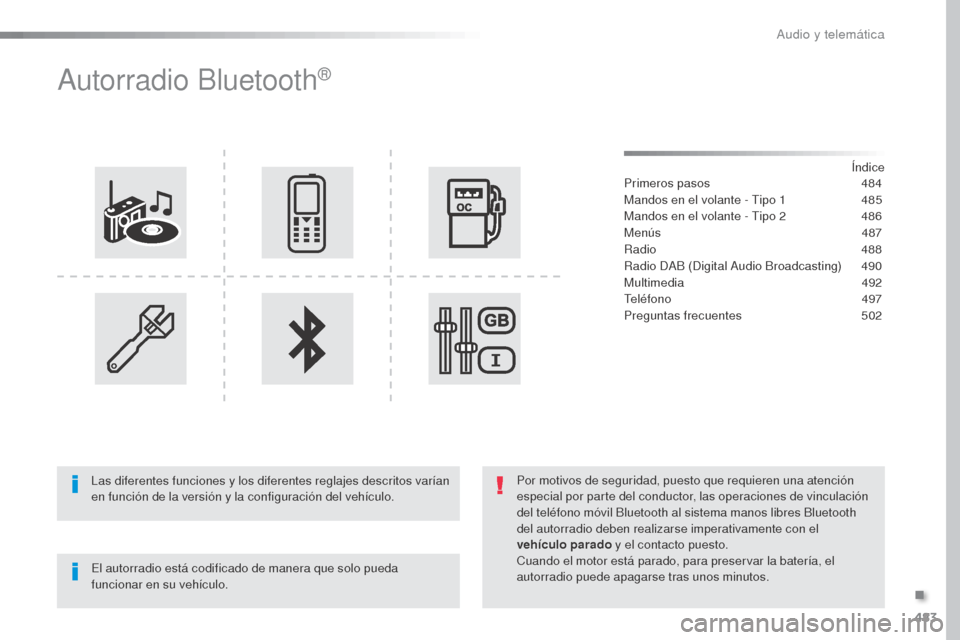 Peugeot Expert VU 2016 Manual del propietario (in Spanish) 483
Expert_es_Chap10d_RD6_ed01-2016
Autorradio Bluetooth®
Índice
Primeros pasos 4 84
Mandos en el volante - Tipo 1
4
85
Mandos en el volante - Tipo 2
4
86
Menús
4
87
Radio
488
Radio DAB Peugeot Expert VU 2016 Manual del propietario (in Spanish) 483
Expert_es_Chap10d_RD6_ed01-2016
Autorradio Bluetooth®
Índice
Primeros pasos 4 84
Mandos en el volante - Tipo 1
4
85
Mandos en el volante - Tipo 2
4
86
Menús
4
87
Radio
488
Radio DAB