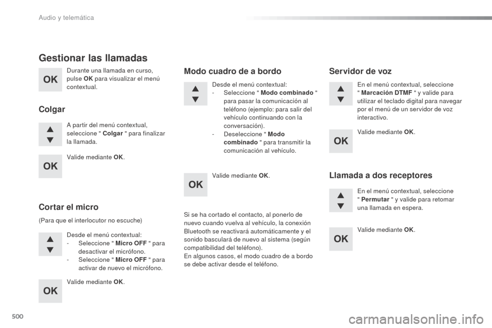 Peugeot Expert VU 2016 Manual del propietario (in Spanish) 500
Durante una llamada en curso,
pulse OK para visualizar el menú
contextual.
A partir del menú contextual,
seleccione " Colgar " para finalizar
la llamada.
Gestionar las llamadas
Colgar
(Para Peugeot Expert VU 2016 Manual del propietario (in Spanish) 500
Durante una llamada en curso,
pulse OK para visualizar el menú
contextual.
A partir del menú contextual,
seleccione " Colgar " para finalizar
la llamada.
Gestionar las llamadas
Colgar
(Para