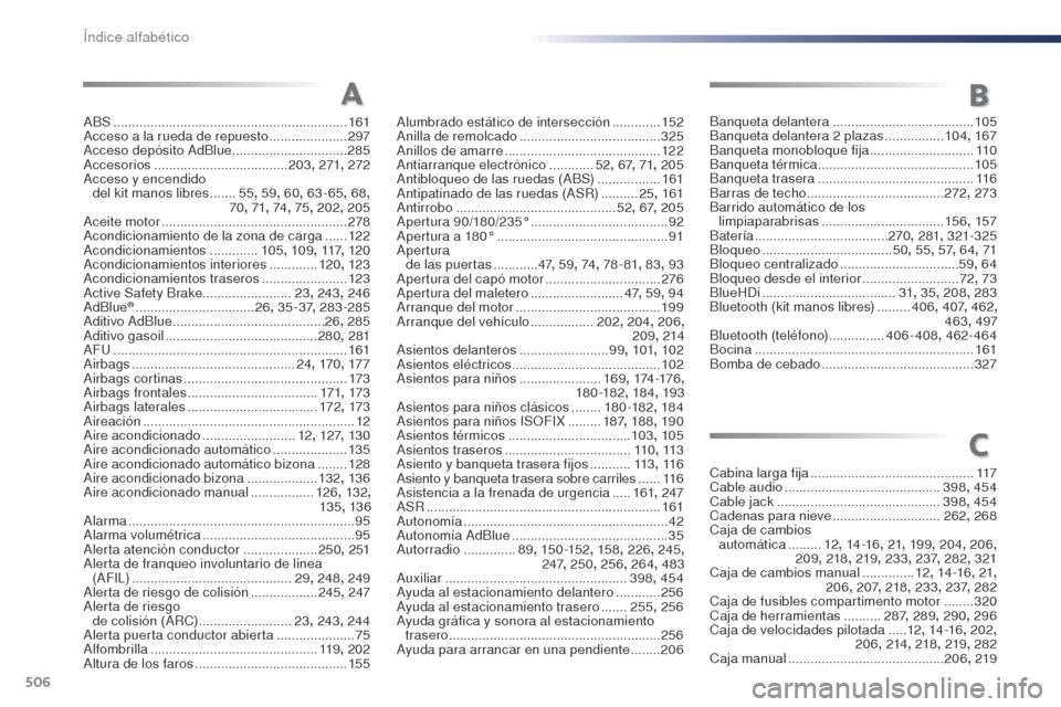 Peugeot Expert VU 2016 Manual del propietario (in Spanish) 506
Expert_es_Chap11_index-alpha_ed01-2016
ABS ...............................................................161
Acceso a la rueda de repuesto .....................297
Acceso depósito AdBlue
.. Peugeot Expert VU 2016 Manual del propietario (in Spanish) 506
Expert_es_Chap11_index-alpha_ed01-2016
ABS ...............................................................161
Acceso a la rueda de repuesto .....................297
Acceso depósito AdBlue
..