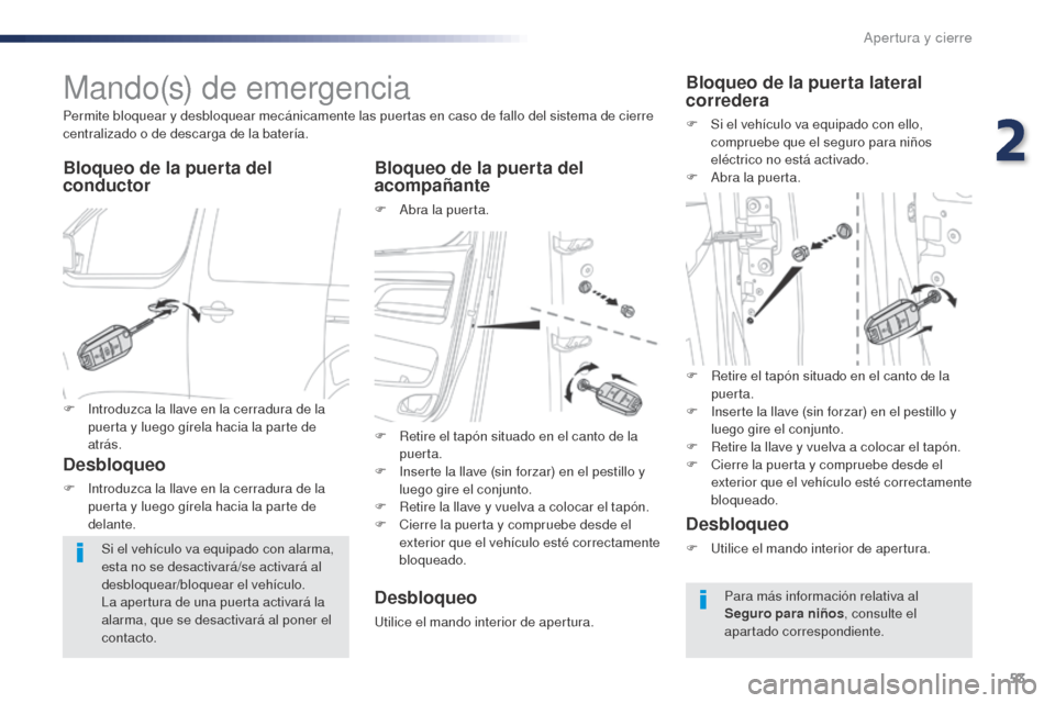 Peugeot Expert VU 2016 Manual del propietario (in Spanish) 53
Expert_es_Chap02_ouvertures_ed01-2016
Mando(s) de emergencia
Bloqueo de la puerta del
conductorBloqueo de la puerta del
acompañante
F Abra la puerta.
Permite bloquear y desbloquear mecánicament Peugeot Expert VU 2016 Manual del propietario (in Spanish) 53
Expert_es_Chap02_ouvertures_ed01-2016
Mando(s) de emergencia
Bloqueo de la puerta del
conductorBloqueo de la puerta del
acompañante
F Abra la puerta.
Permite bloquear y desbloquear mecánicament