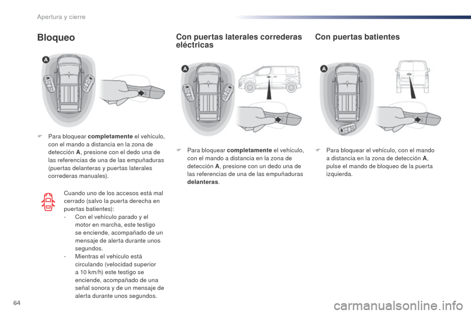 Peugeot Expert VU 2016 Manual del propietario (in Spanish) 64
Expert_es_Chap02_ouvertures_ed01-2016
Con puertas laterales correderas
eléctricasBloqueo
F Para bloquear completamente el vehículo,
con el mando a distancia en la zona de
detección A , presio Peugeot Expert VU 2016 Manual del propietario (in Spanish) 64
Expert_es_Chap02_ouvertures_ed01-2016
Con puertas laterales correderas
eléctricasBloqueo
F Para bloquear completamente el vehículo,
con el mando a distancia en la zona de
detección A , presio