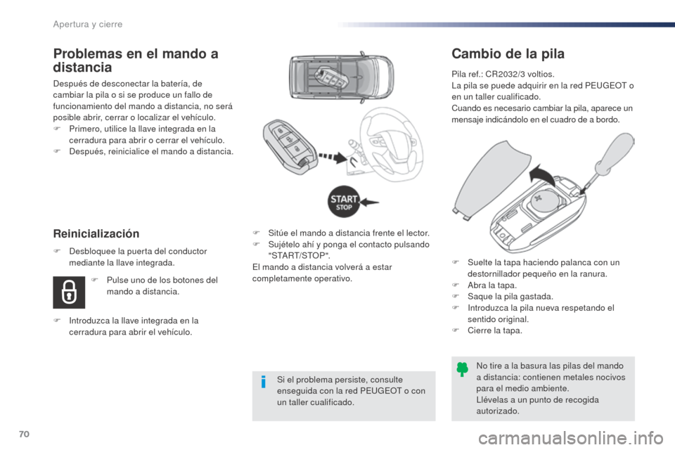 Peugeot Expert VU 2016 Manual del propietario (in Spanish) 70
Expert_es_Chap02_ouvertures_ed01-2016
Cambio de la pila
Pila ref.: CR2032/3 voltios.
L a pila se puede adquirir en la red PEUGEOT o
en un taller cualificado.
Cuando es necesario cambiar la pila, a Peugeot Expert VU 2016 Manual del propietario (in Spanish) 70
Expert_es_Chap02_ouvertures_ed01-2016
Cambio de la pila
Pila ref.: CR2032/3 voltios.
L a pila se puede adquirir en la red PEUGEOT o
en un taller cualificado.
Cuando es necesario cambiar la pila, a
