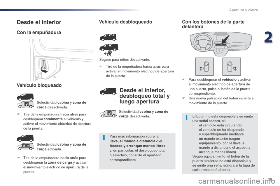 Peugeot Expert VU 2016 Manual del propietario (in Spanish) 79
Expert_es_Chap02_ouvertures_ed01-2016
F Tire de la empuñadura hacia atrás para desbloquear la zona de carga y activar
el movimiento eléctrico de apertura de la
puerta. F
T
ire de la empuña Peugeot Expert VU 2016 Manual del propietario (in Spanish) 79
Expert_es_Chap02_ouvertures_ed01-2016
F Tire de la empuñadura hacia atrás para desbloquear la zona de carga y activar
el movimiento eléctrico de apertura de la
puerta. F
T
ire de la empuña