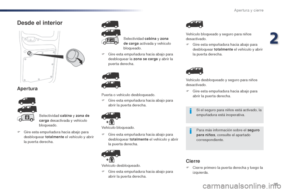 Peugeot Expert VU 2016 Manual del propietario (in Spanish) 93
Expert_es_Chap02_ouvertures_ed01-2016
Si el seguro para niños está activado, la
empuñadura está inoperativa.
Para más información sobre el seguro
para niños, consulte el apartado
correspo Peugeot Expert VU 2016 Manual del propietario (in Spanish) 93
Expert_es_Chap02_ouvertures_ed01-2016
Si el seguro para niños está activado, la
empuñadura está inoperativa.
Para más información sobre el seguro
para niños, consulte el apartado
correspo