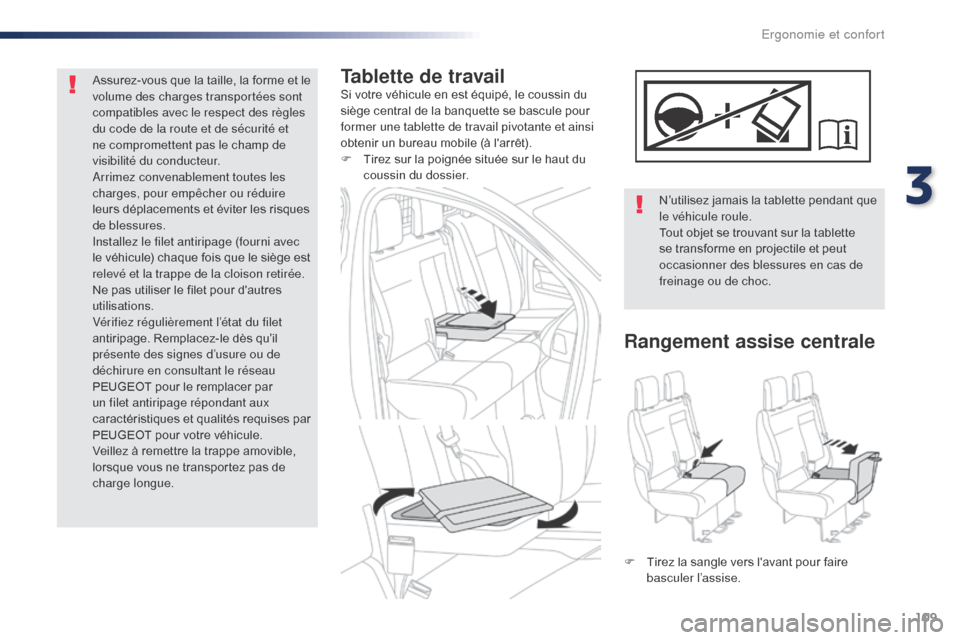 Peugeot Expert VU 2016 Manuel du propriétaire (in French) 109
Tablette de travailSi votre véhicule en est équipé, le coussin du
siège central de la banquette se bascule pour
former une tablette de travail pivotante et ainsi
obtenir un bureau mobile ( Peugeot Expert VU 2016 Manuel du propriétaire (in French) 109
Tablette de travailSi votre véhicule en est équipé, le coussin du
siège central de la banquette se bascule pour
former une tablette de travail pivotante et ainsi
obtenir un bureau mobile (