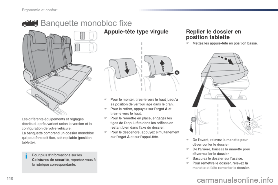 Peugeot Expert VU 2016  Manuel du propriétaire (in French) 110
Banquette monobloc fixe
F Pour le monter, tirez-le vers le haut jusquà sa position de verrouillage dans le cran.
F
 
P
 our le retirer, appuyez sur l’ergot A et 
tirez-le vers le haut.
F
 
P
 