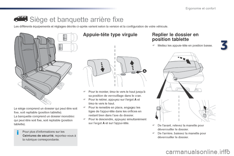 Peugeot Expert VU 2016  Manuel du propriétaire (in French) 113
Siège et banquette arrière fixe
Le siège comprend un dossier qui peut être soit 
fixe, soit repliable (position tablette).
La banquette comprend un dossier monobloc 
qui peut être soit fixe, 