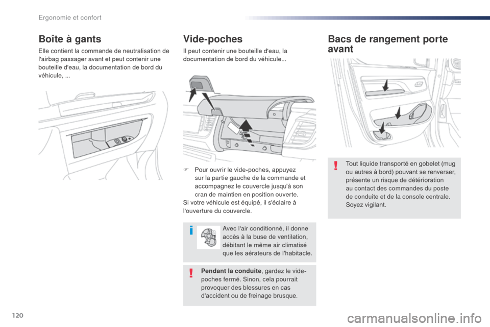 Peugeot Expert VU 2016  Manuel du propriétaire (in French) 120
Bacs de rangement porte 
avant
Tout liquide transporté en gobelet (mug 
ou autres à bord) pouvant se renverser, 
présente un risque de détérioration 
au contact des commandes du poste 
de con