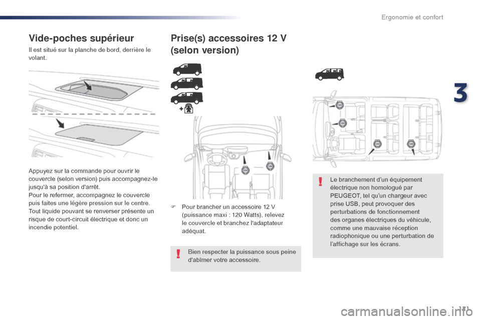 Peugeot Expert VU 2016 Manuel du propriétaire (in French) 121
Vide-poches supérieur
Il est situé sur la planche de bord, derrière le
volant.
Appuyez sur la commande pour ouvrir le
couvercle (selon version) puis accompagnez-le
jusquà sa position darr Peugeot Expert VU 2016 Manuel du propriétaire (in French) 121
Vide-poches supérieur
Il est situé sur la planche de bord, derrière le
volant.
Appuyez sur la commande pour ouvrir le
couvercle (selon version) puis accompagnez-le
jusquà sa position darr