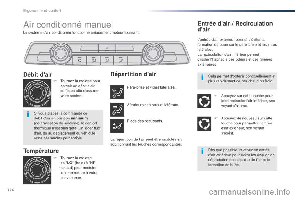 Peugeot Expert VU 2016  Manuel du propriétaire (in French) 126
Le système dair conditionné fonctionne uniquement moteur tournant.
Air conditionné manuel
Température
F Tournez la molette de "LO" (froid) à " HI" 
(chaud) pour moduler 
la température à v