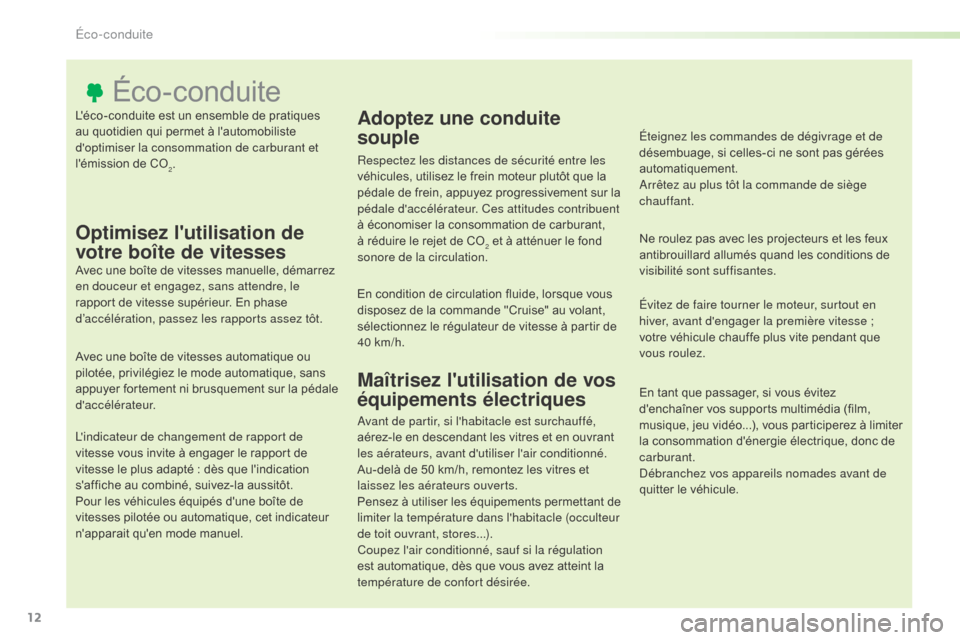 Peugeot Expert VU 2016  Manuel du propriétaire (in French) 12
Léco-conduite est un ensemble de pratiques 
au quotidien qui permet à lautomobiliste 
doptimiser la consommation de carburant et 
lémission de CO
2.
Éco-conduite
Optimisez lutilisation de 