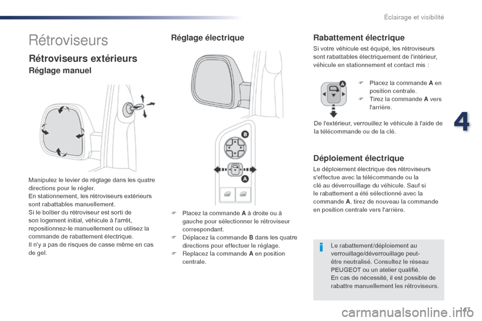 Peugeot Expert VU 2016 Manuel du propriétaire (in French) 143
F Placez la commande A à droite ou à gauche pour sélectionner le rétroviseur
correspondant.
F
D
éplacez la commande B dans les quatre
directions pour effectuer le réglage.
F
R
eplace Peugeot Expert VU 2016 Manuel du propriétaire (in French) 143
F Placez la commande A à droite ou à gauche pour sélectionner le rétroviseur
correspondant.
F
D
éplacez la commande B dans les quatre
directions pour effectuer le réglage.
F
R
eplace