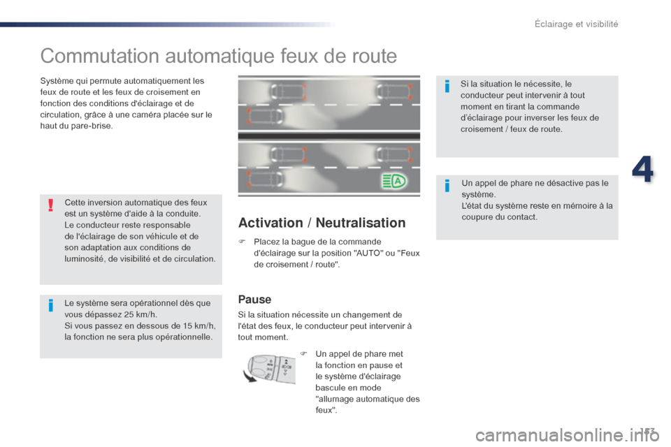 Peugeot Expert VU 2016 Manuel du propriétaire (in French) 153
Commutation automatique feux de route
Système qui permute automatiquement les
feux de route et les feux de croisement en
fonction des conditions déclairage et de
circulation, grâce à une c Peugeot Expert VU 2016 Manuel du propriétaire (in French) 153
Commutation automatique feux de route
Système qui permute automatiquement les
feux de route et les feux de croisement en
fonction des conditions déclairage et de
circulation, grâce à une c
