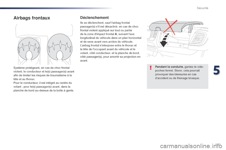 Peugeot Expert VU 2016 Manuel du propriétaire (in French) 171
Airbags frontauxDéclenchement
Ils se déclenchent, sauf lairbag frontal
passager(s) sil est désactivé, en cas de choc
frontal violent appliqué sur tout ou partie
de la zone dimpact front Peugeot Expert VU 2016 Manuel du propriétaire (in French) 171
Airbags frontauxDéclenchement
Ils se déclenchent, sauf lairbag frontal
passager(s) sil est désactivé, en cas de choc
frontal violent appliqué sur tout ou partie
de la zone dimpact front